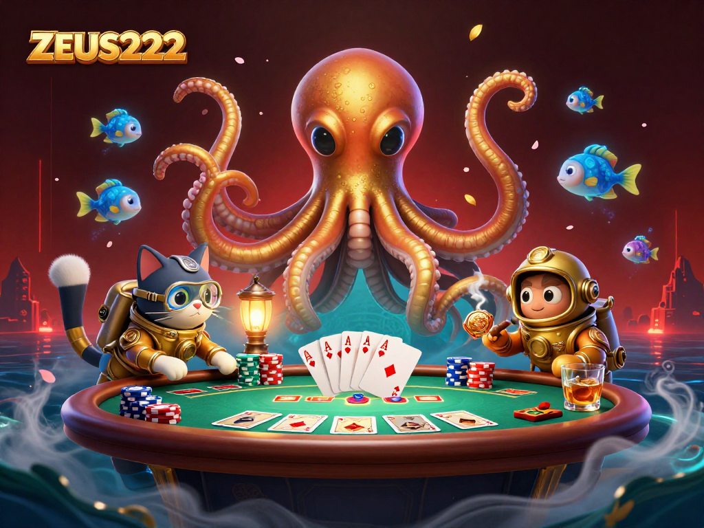 Experience ZEUS222 with a vibrant scene featuring a kraken, diving cat, and poker elements.