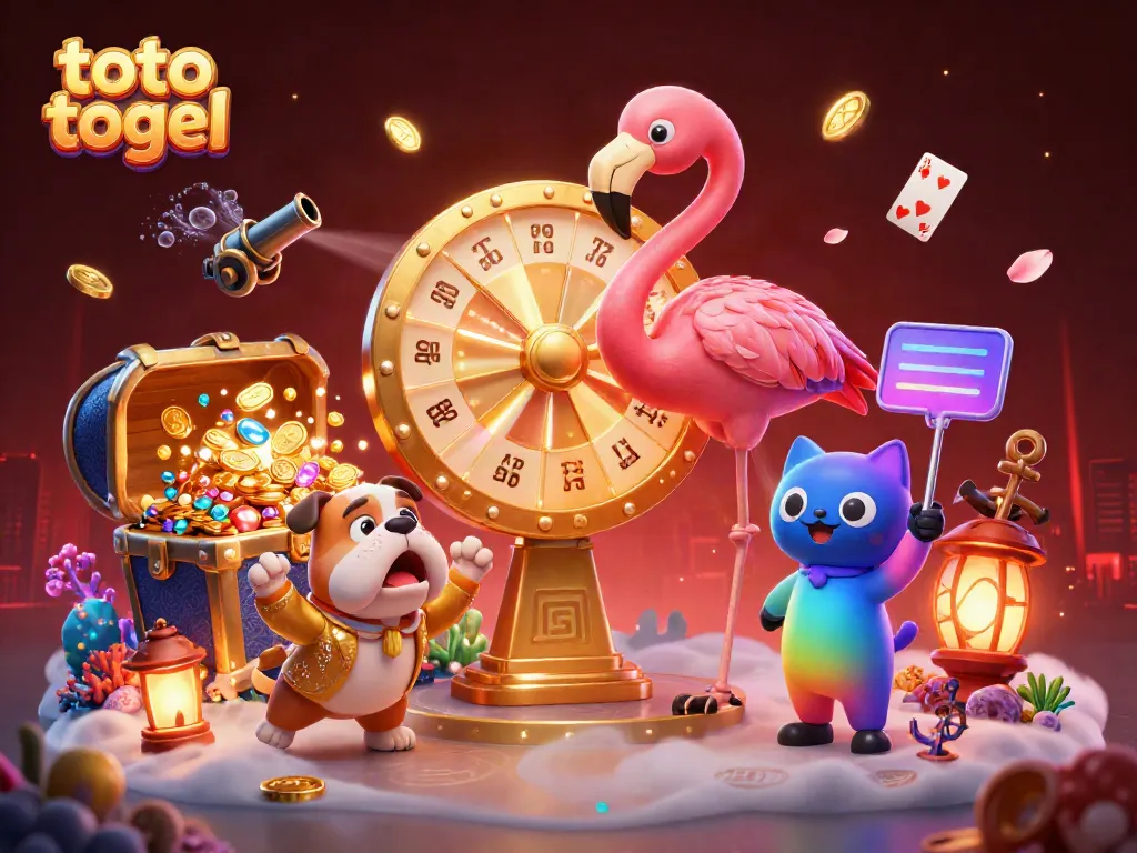 Interactive scene showcasing thrilling toto togel game excitement with flamingo host and bulldog contestant.
