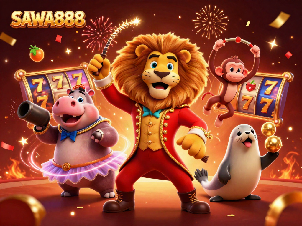 SAWA888 celebrates with colorful slot reels and carnival characters in a vibrant casino illustration.