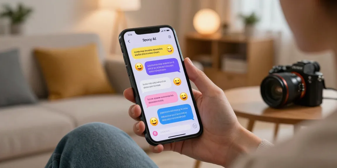 Engaging spicy chat AI conversation displayed on a smartphone screen in a cozy living room setting.