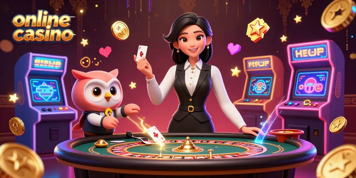 Engaging online casino scene with a dealer and vibrant gaming elements, showcasing excitement and fun.