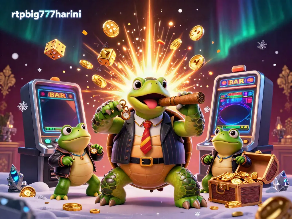 Engage with rtpbig777hariini's lively casino scene featuring a cartoon snapping turtle and bullfrog enforcers.