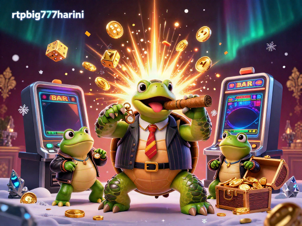 Engage with rtpbig777hariini's lively casino scene featuring a cartoon snapping turtle and bullfrog enforcers.