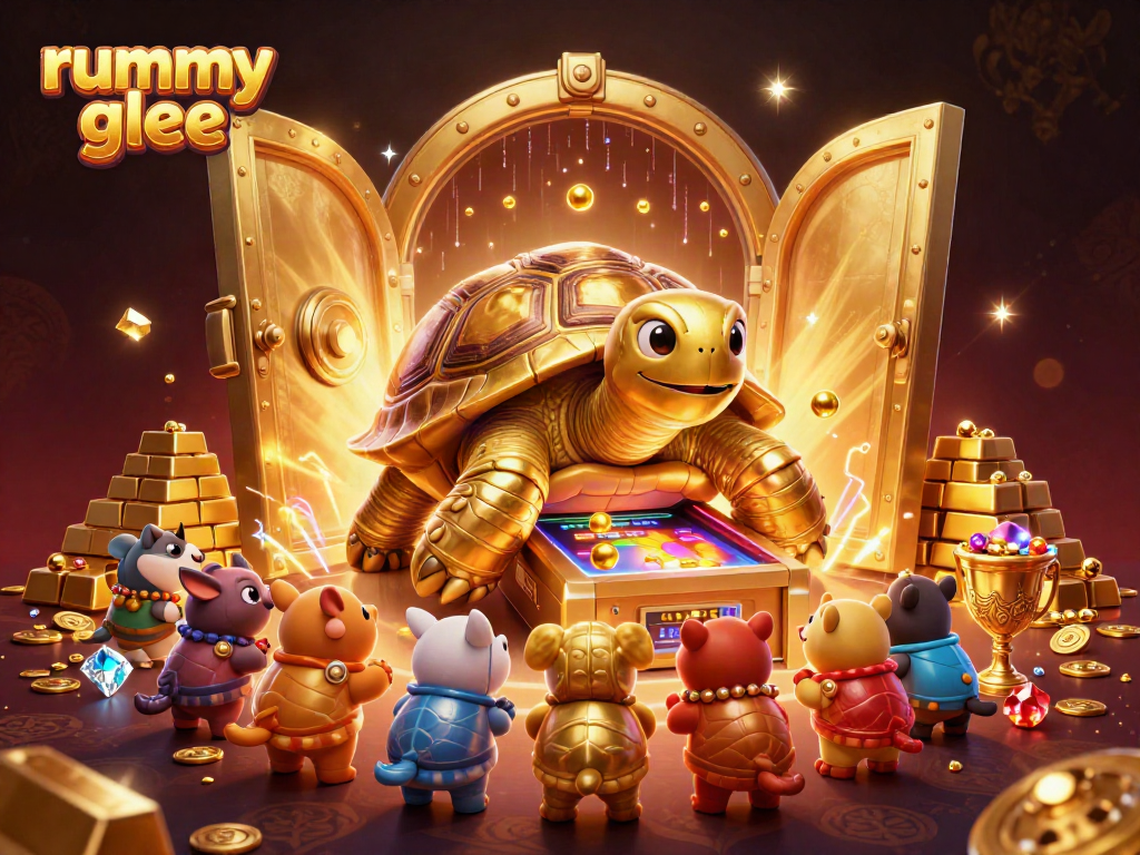 Gambaran menarik dari Rummy Glee dengan hewan kecil menunggu giliran bermain dan harta karun bertumpuk.