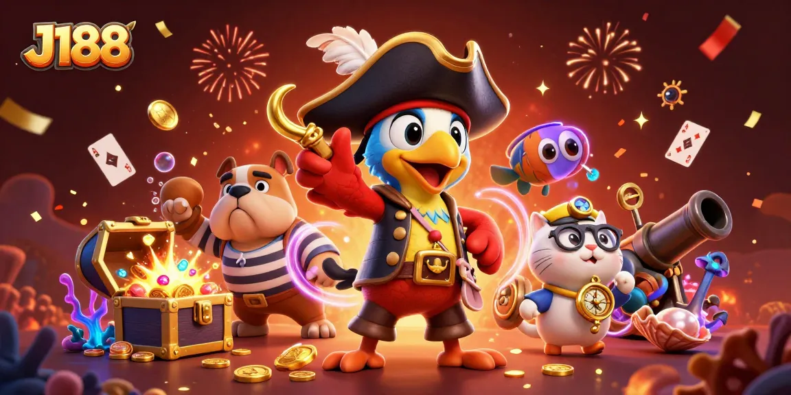 Experience immersive gaming at J188 with a pirate captain, bulldog, and cat amid treasures and playing cards.