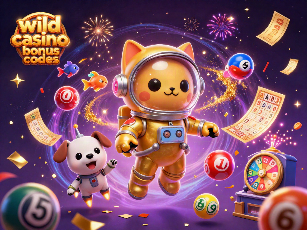 Enjoy thrilling wild casino bonus codes as a cat astronaut plays among vibrant game elements.