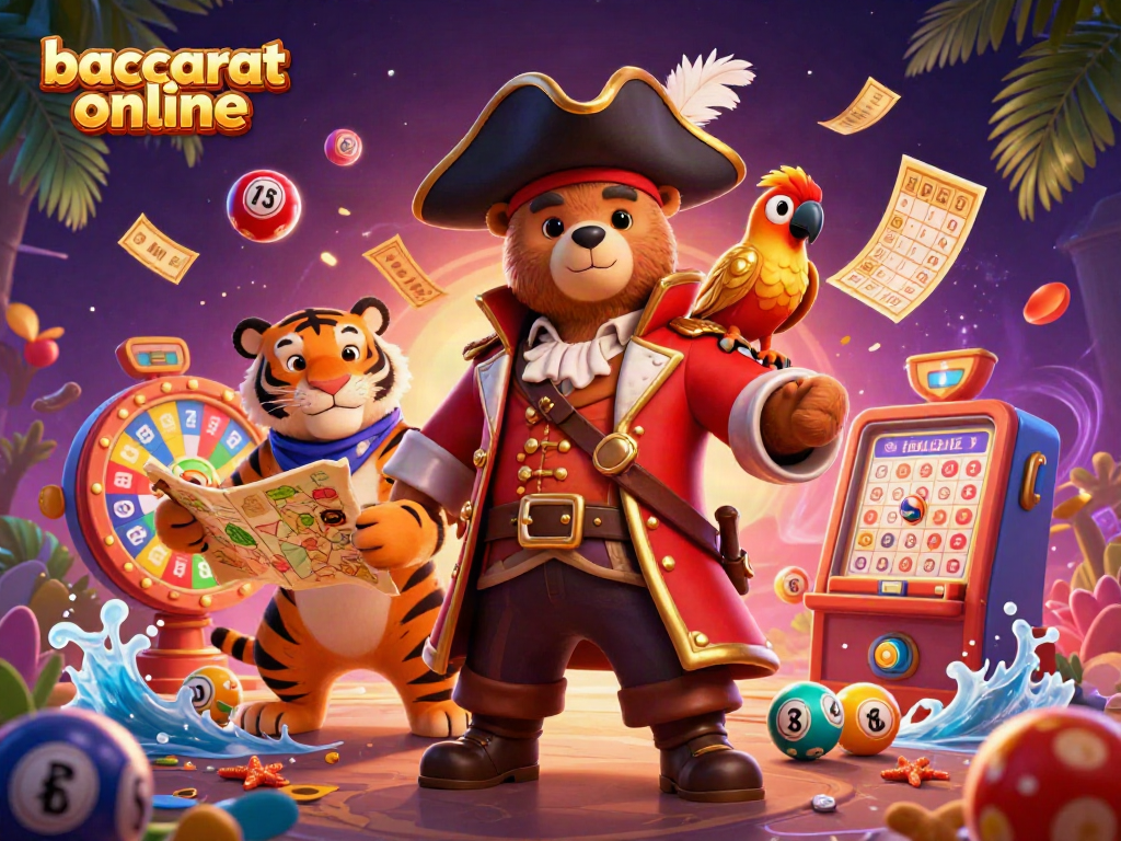 Engage with baccarat online in a vibrant 3D scene featuring animated characters and gaming elements.