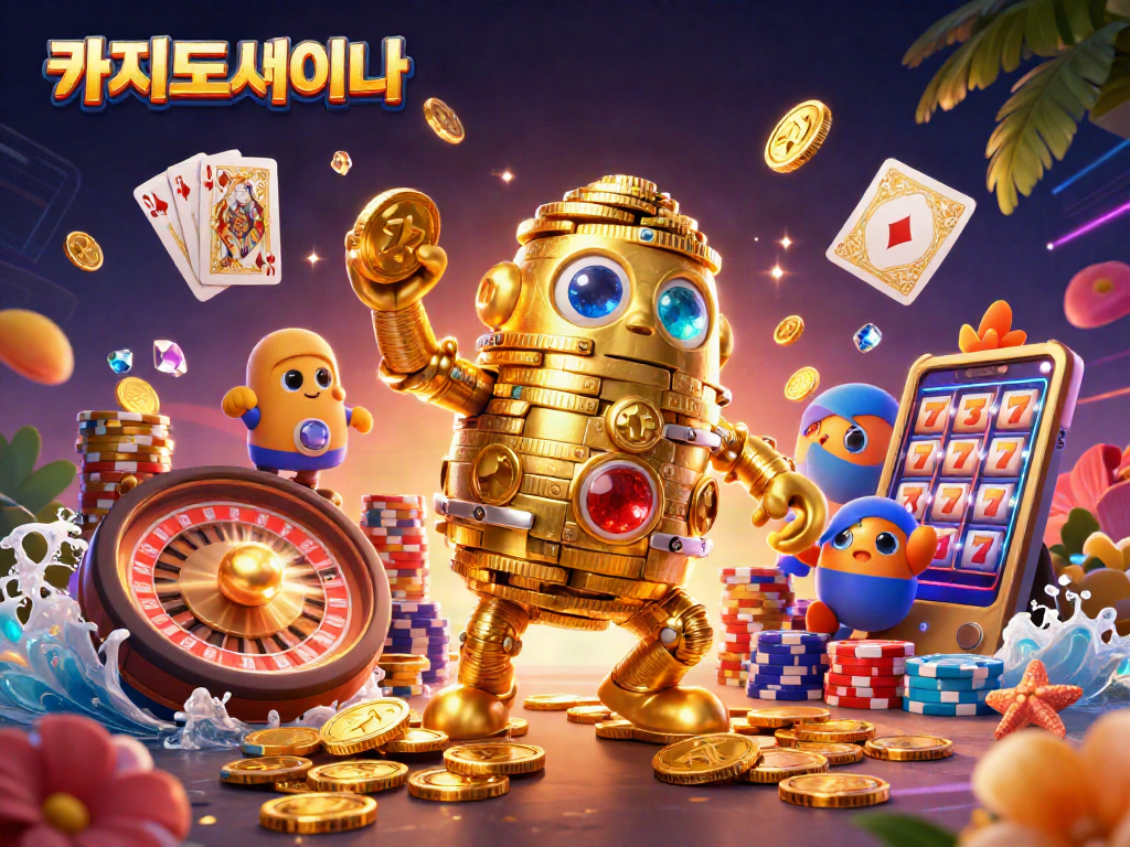 카지노사이트에서 골드 고렘이 황금 동전을 쌓아올리며 슬롯 머신 기호와 함께 등장하는 장면