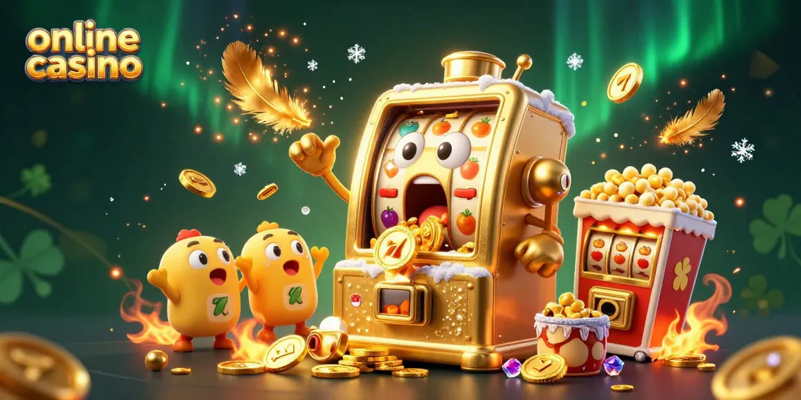 Engaging online casino scene with a golden jackpot slot machine celebrating wins amid coins and festive elements.