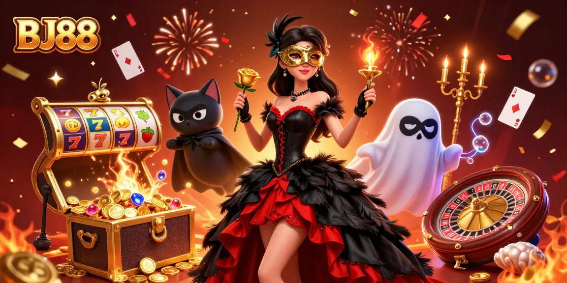 BJ88 immerses players in thrilling casino games with a vibrant 3D illustration showcasing a glamorous scene.