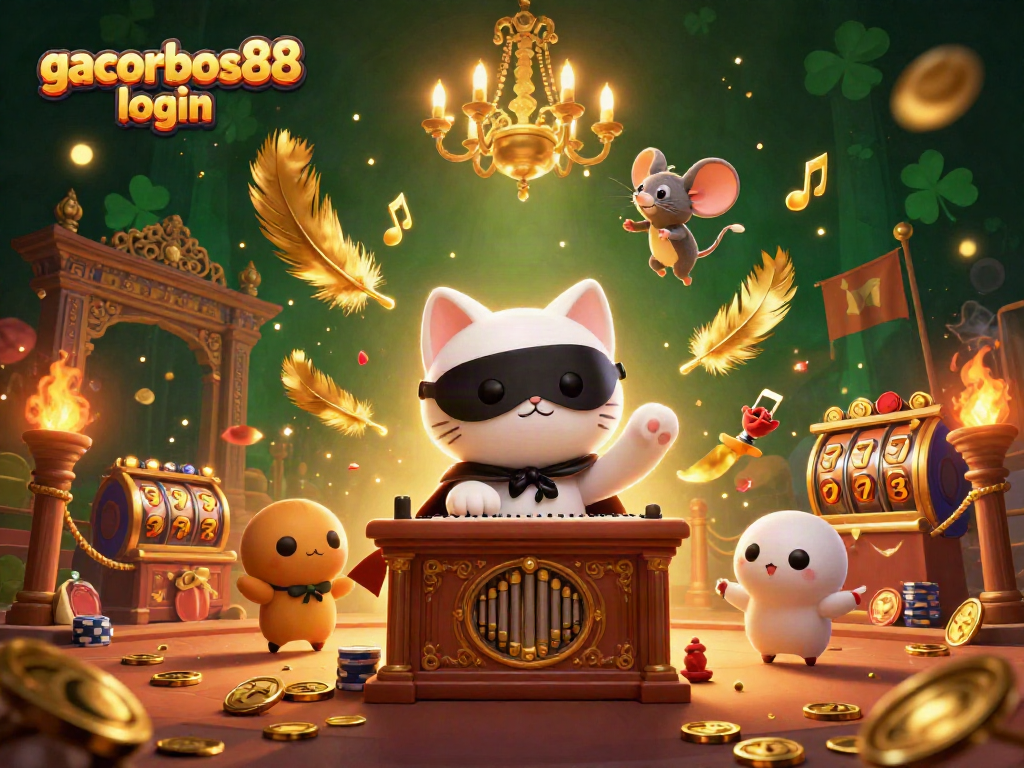 Experience the thrill of gacorbos88 login with vibrant casino-themed 3D artwork featuring acrobats and slot reels.