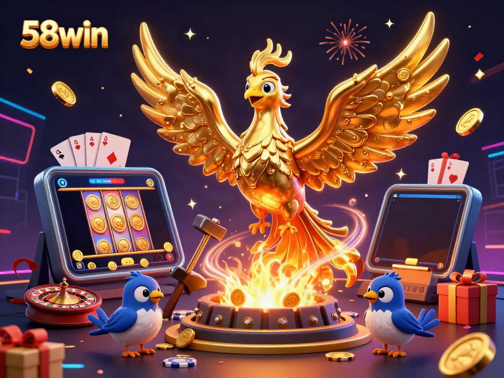 Experience 58win with a golden phoenix and exciting casino elements in a vibrant 3D illustration