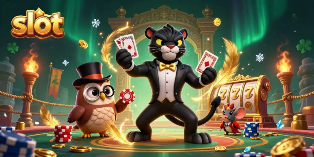 Engaging scene of a stylish panther and friends celebrating with slot-themed elements.