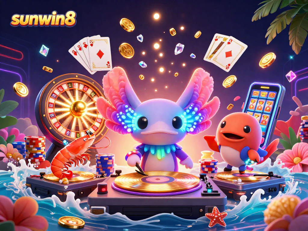Experience the vibrant world of sunwin8 with a neon-colored axolotl DJ, spinning gold records and surrounded by dazzling casino elements.