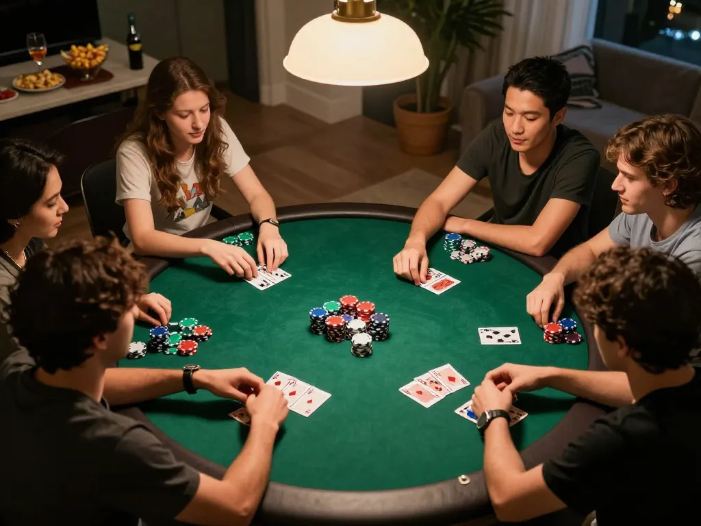 Friends enjoying a poker game night at home, highlighting competitive spirit in nhacaiuytin.