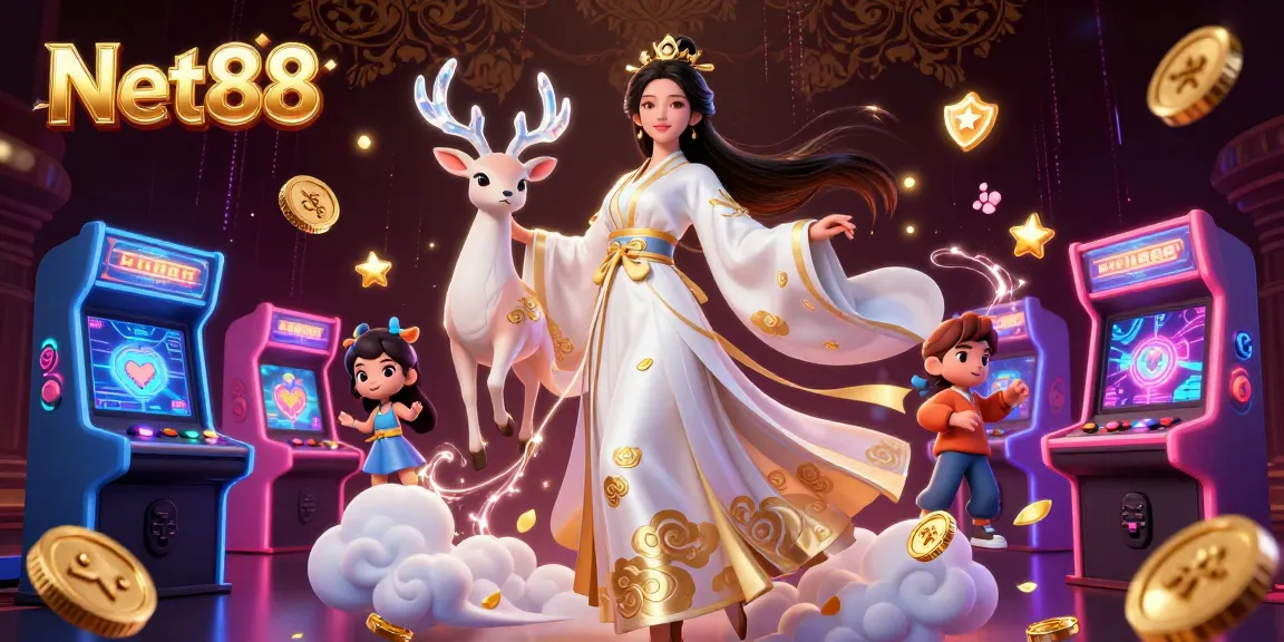 Experience thrilling gameplay with Net88 through vibrant digital casino elements and a graceful hanfu figure.