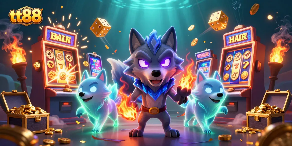 Engage in thrilling gaming adventures at tt88 with a dynamic casino illustration featuring slot machines, coins, and ghostly wolves.