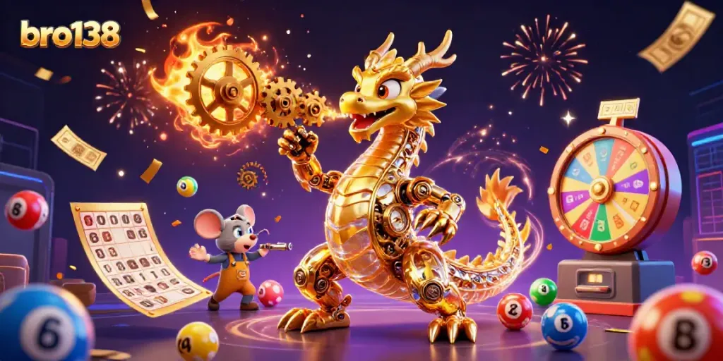 Experience the magic of bro138 with a golden dragon and vibrant casino elements bursting with excitement.