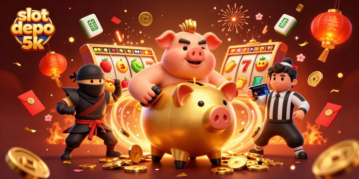 Engage with slot depo 5k amidst a vivid scene of a sumo wrestler, ninja, and dramatic casino elements.