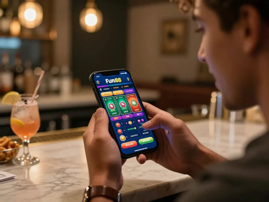 Player enjoying fun88 mobile app, showcasing exciting live betting and casino games at home.