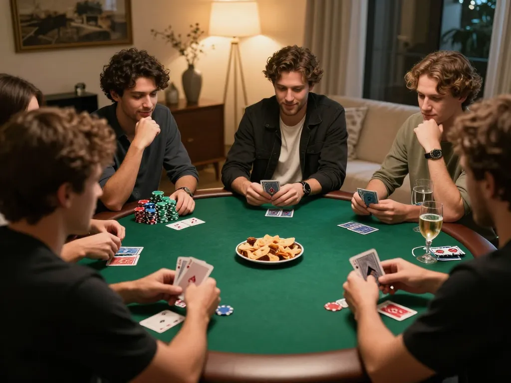hm 88 players enjoying a friendly home poker game, chips and cards creating an exciting atmosphere