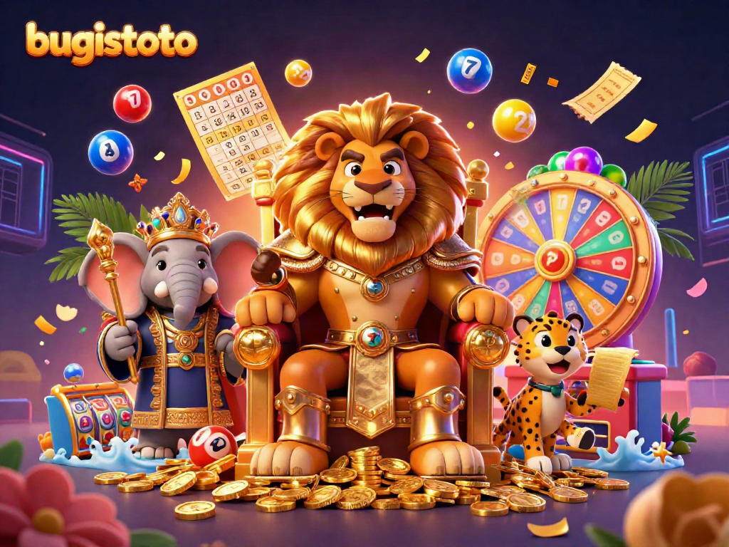Engage in thrilling gameplay at Bugistoto with vibrant lottery elements and rich casino-themed scenery.