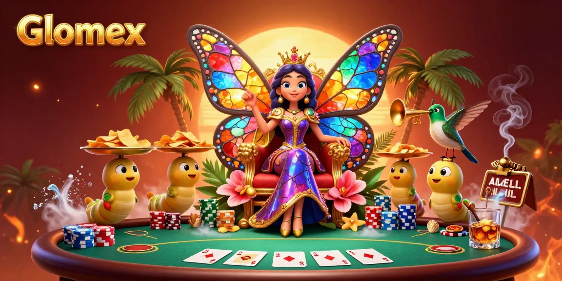 Experience the thrill of Glomex gaming with this vibrant cartoon scene featuring poker elements and a butterfly queen.