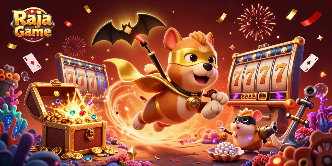 Experience exciting wins with Raja Game featuring a cartoon superhero dog and vibrant casino elements.