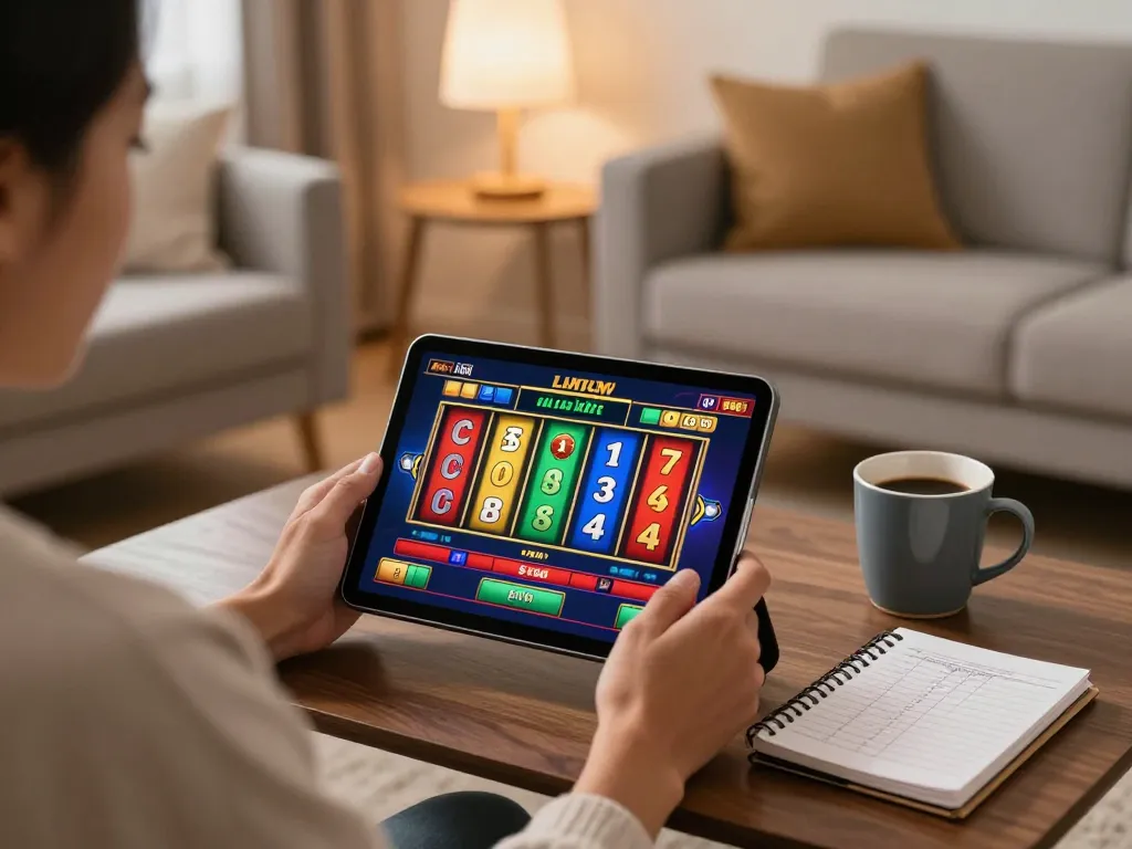 Engaging in Mega888 free credit gameplay on a tablet at home, illustrating a strategic approach to online gambling.