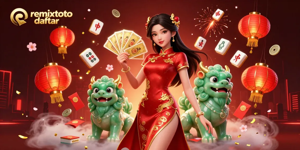Engage with remixtoto daftar through a vibrant illustration of casino elements and a stylish woman in a qipao.
