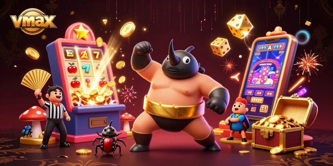 Win big at Vmax with a dynamic scene of high-stakes gambling, featuring vibrant characters and exciting game elements.