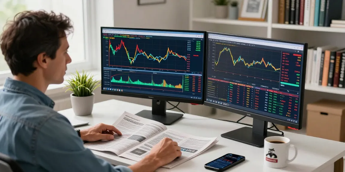 Trader menggunakan platform kakakjudi di kantor rumah modern dengan monitor dan buku trading.