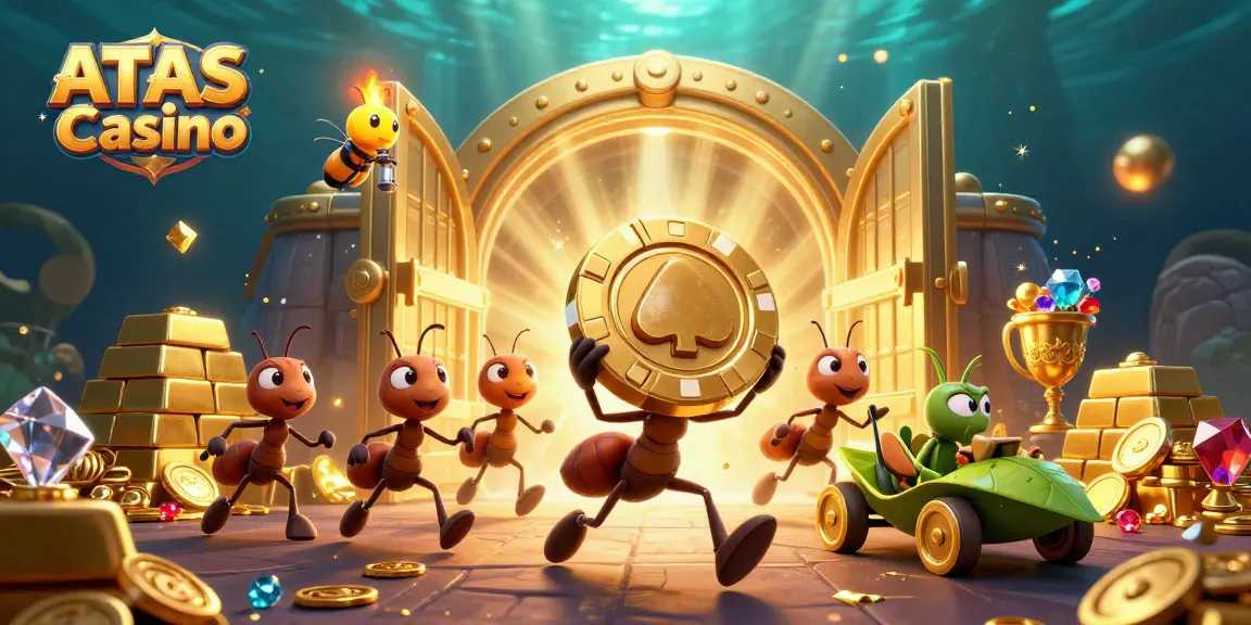Join the fun at ATAS Casino with a heist scene featuring ants, gold chips, and gems.