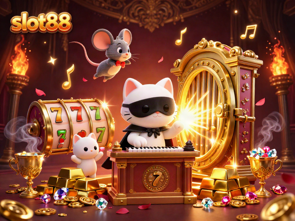 Experience slot88 fun with a luxurious casino illustration featuring charming characters and rich game elements.