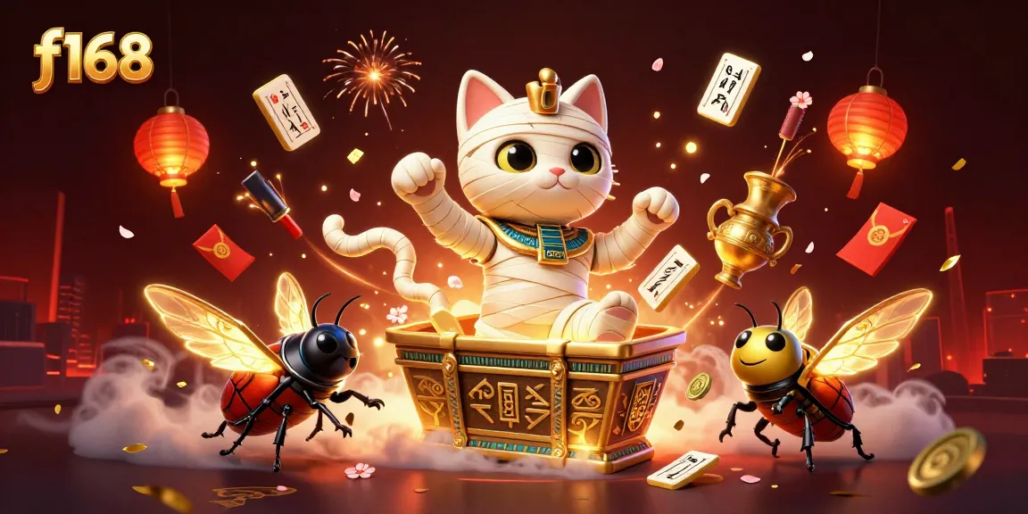 Experience winning moments at f168 with a vibrant 3D illustration of a mummy cat and casino elements.