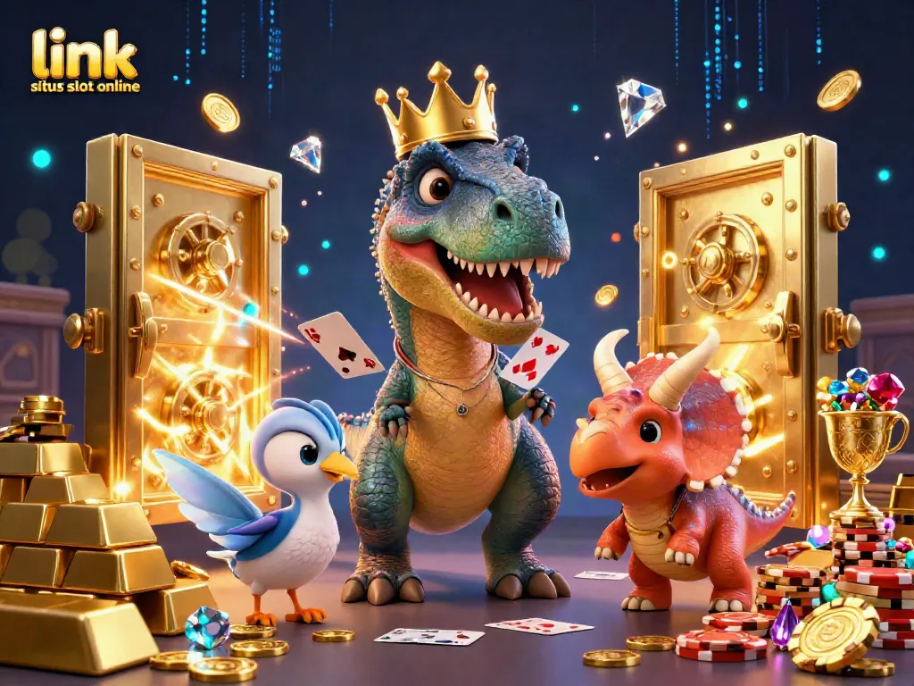 Menggali link situs slot online dengan T-Rex yang ramah dan triceratops, dikelilingi perhiasan emas dan berlian.