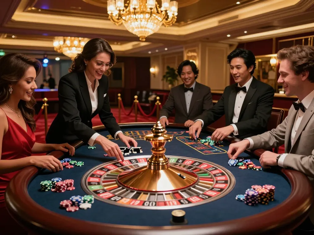 pemain kenzototo dengan antusias memasang taruhan di meja roulette dalam suasana kasino yang mewah