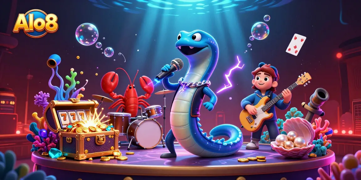 Alo8 showcases an underwater casino with a DJ electric eel, lobster drummer, and seahorse guitarist amidst vibrant slot reels and gold coins.