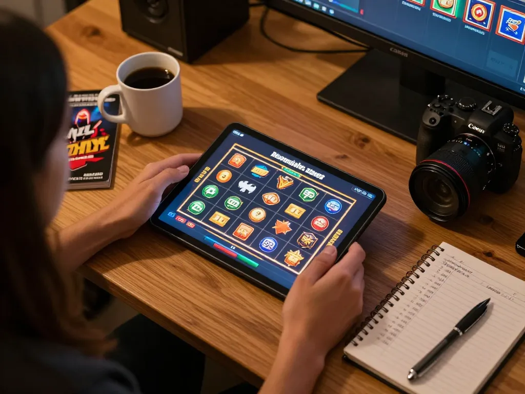Player using SpinAdvisor for slot game recommendations at home, highlighting a strategic approach to online gambling