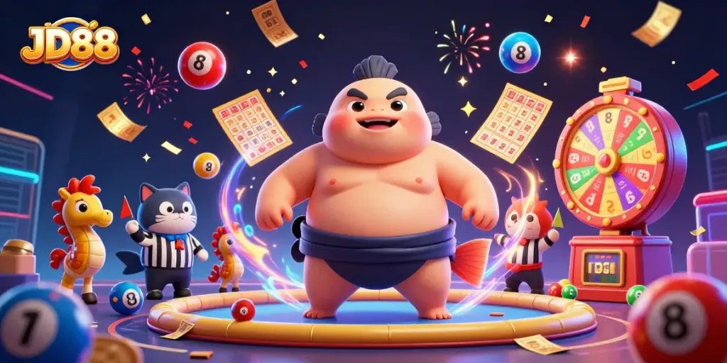 Engage with JD88's vibrant underwater casino scene, featuring a fugu in a sumo belt surrounded by lottery excitement.