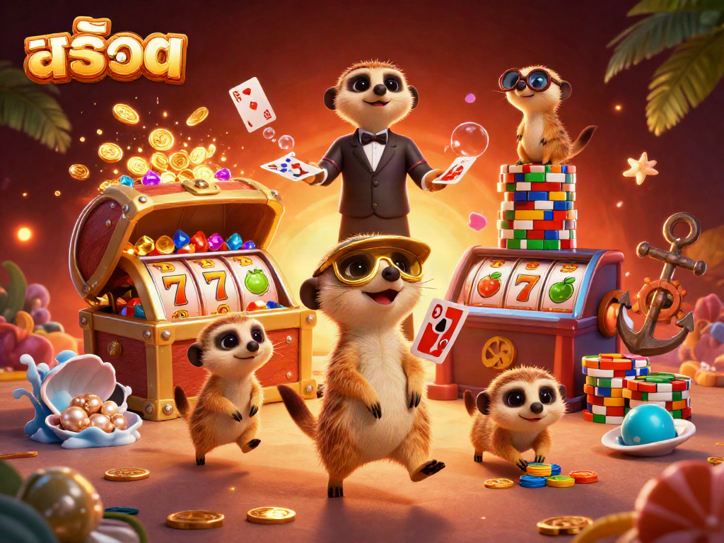 Engage in thrilling สล็อต action with cartoon meerkats managing a vibrant casino scene.
