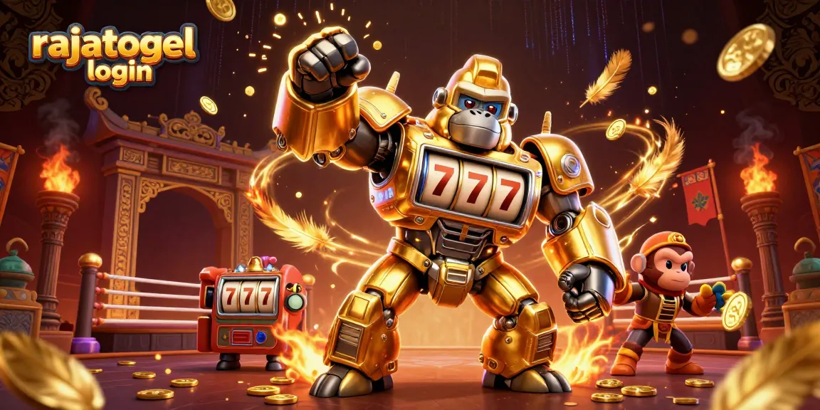 Engage with rajatogel login for a thrilling gaming adventure featuring a dynamic mech and vibrant casino elements.