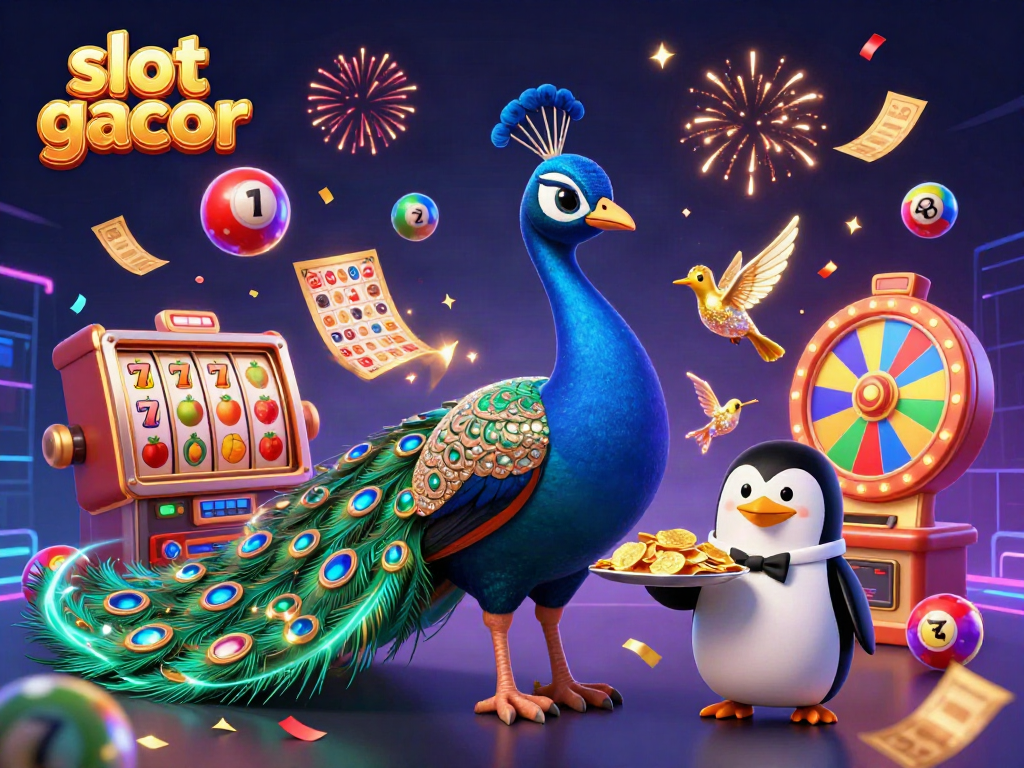 Engaging scene showcasing slot gacor with a vibrant peacock, butler penguin, and confetti effects.