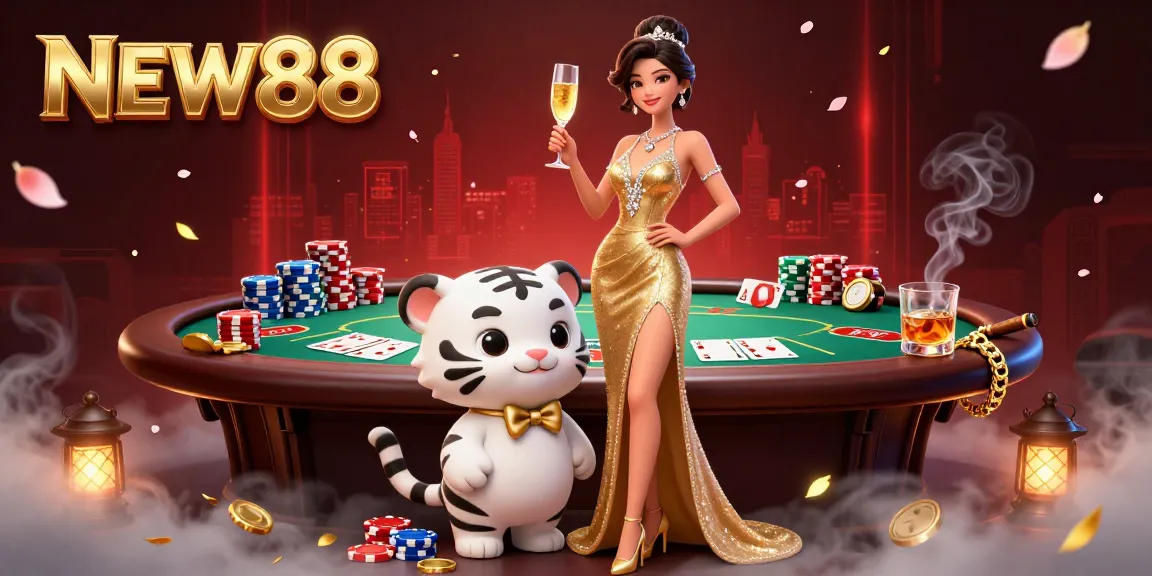 Experience the excitement of gaming at NEW88 with a glamorous scene featuring a woman and a lucky tiger, surrounded by poker elements.