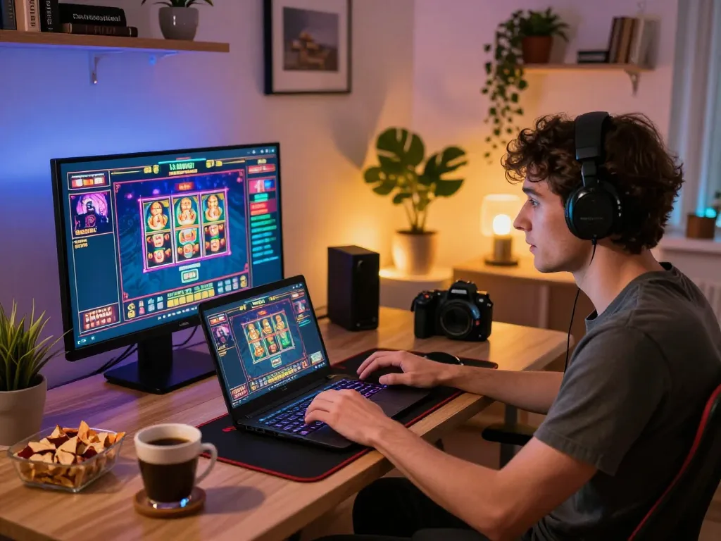 Player engaging in online gaming on tg88 com laptop with live dealer interface, cozy home environment.