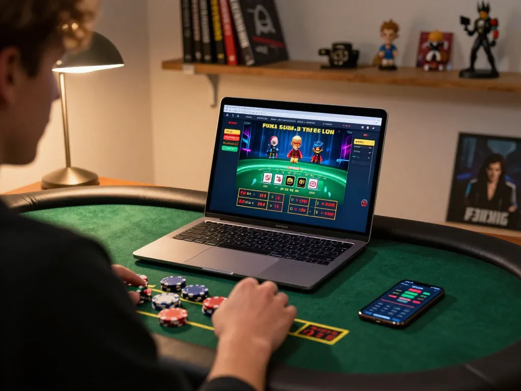 Player engaging in online blackjack at home using laptop and smartphone in a cozy ambiance with m116.