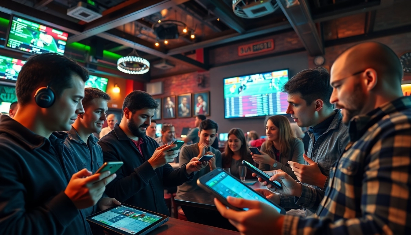 Engaged bettors enjoying Sports Betting with live stats and odds at a dynamic sports bar.
