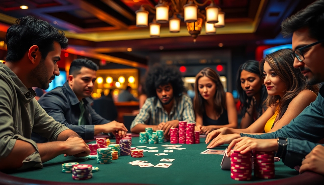 Players engaging in an exciting Poker Game at a casino table with colorful chips.