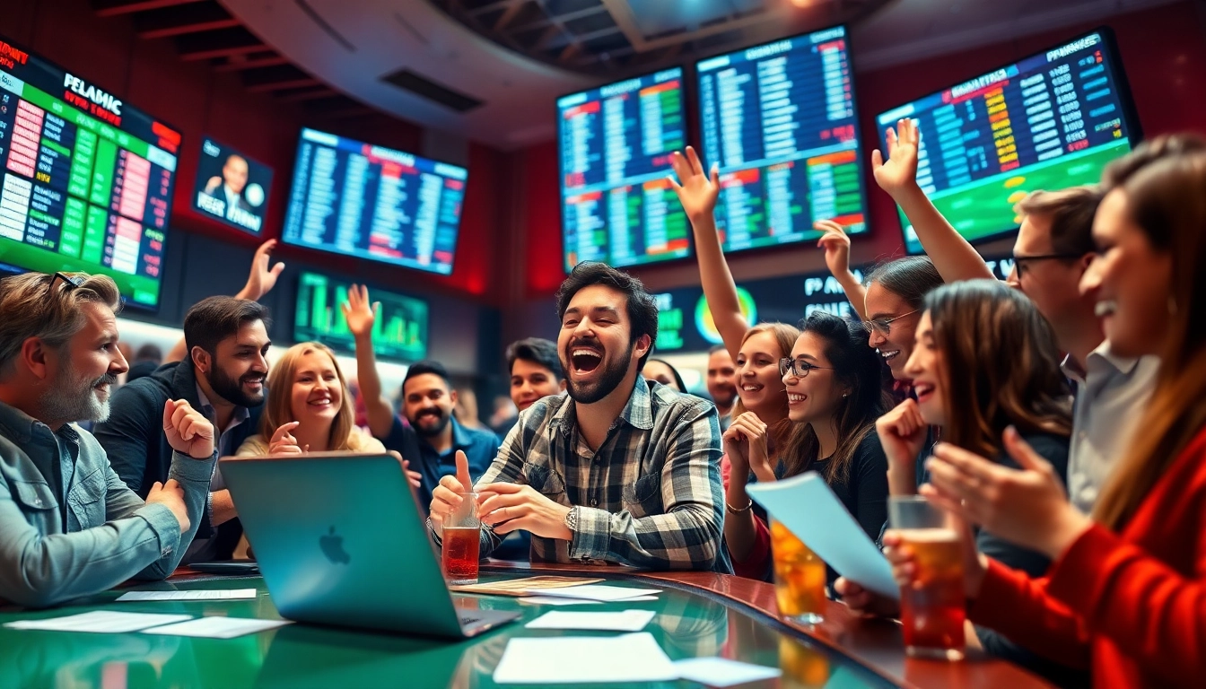 Engaged individuals in a lively sportsbook atmosphere, showcasing online Betting excitement.