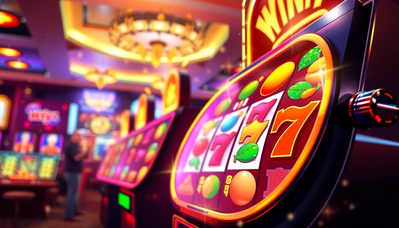 Main Slot Game machine with colorful reels setting on a vibrant casino background.